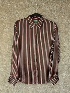 Vintage Lauren Ralph Lauren Silk Striped Blouse, Red Black White, Size Large